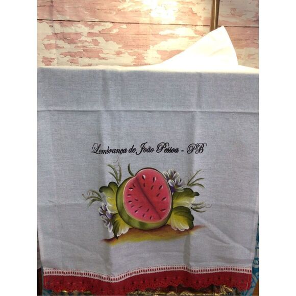 Vintage Linen Watermelon Table Cover White Red - Picture 3 of 11